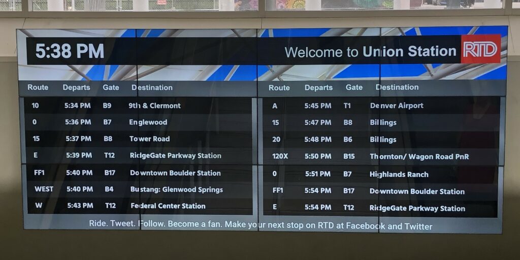 Public information display (PID) at Chestnut Pavilion, Denver Union Station.