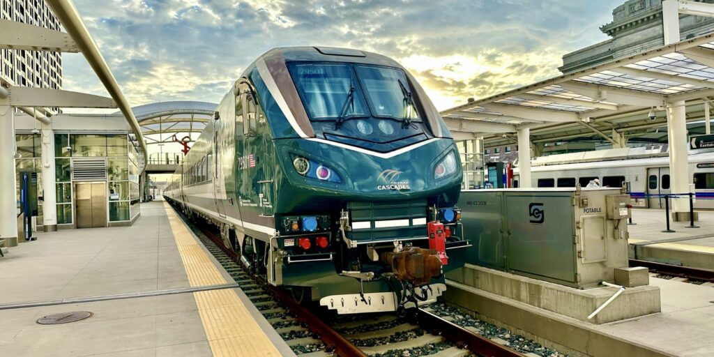 Amtrak Cascades Airo train at Denver Union Station.