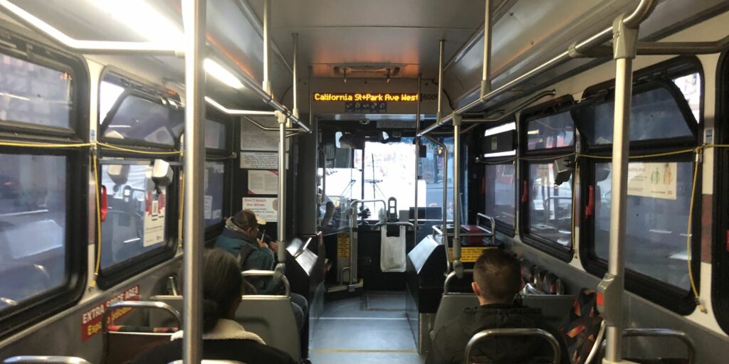 Interior of a wrapped RTD bus.