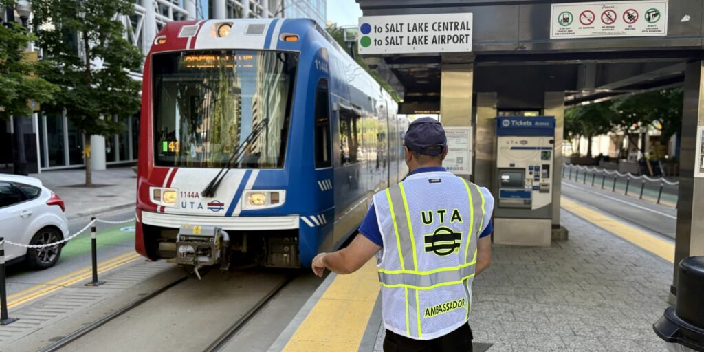 A UTA transit ambassador at Gallivan Plaza Station, Salt Lake City.
