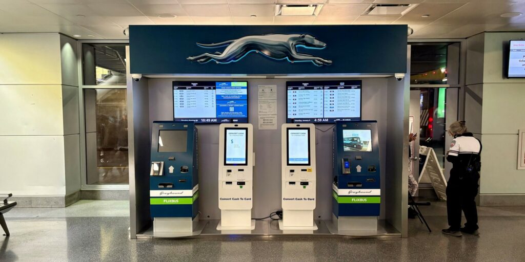 Greyhound kiosk at Denver Union Station.