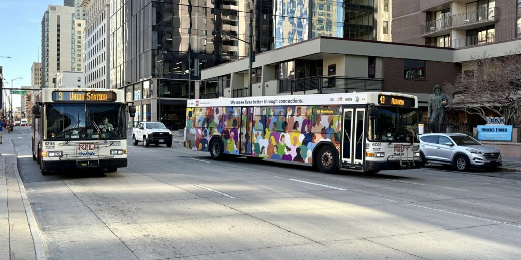 Route 9 and route 43 buses in Downtown Denver.