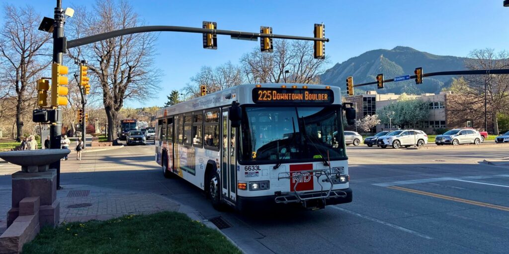 Route 225 bus at 14th & Broadway & Canyon Boulevard, Boulder.