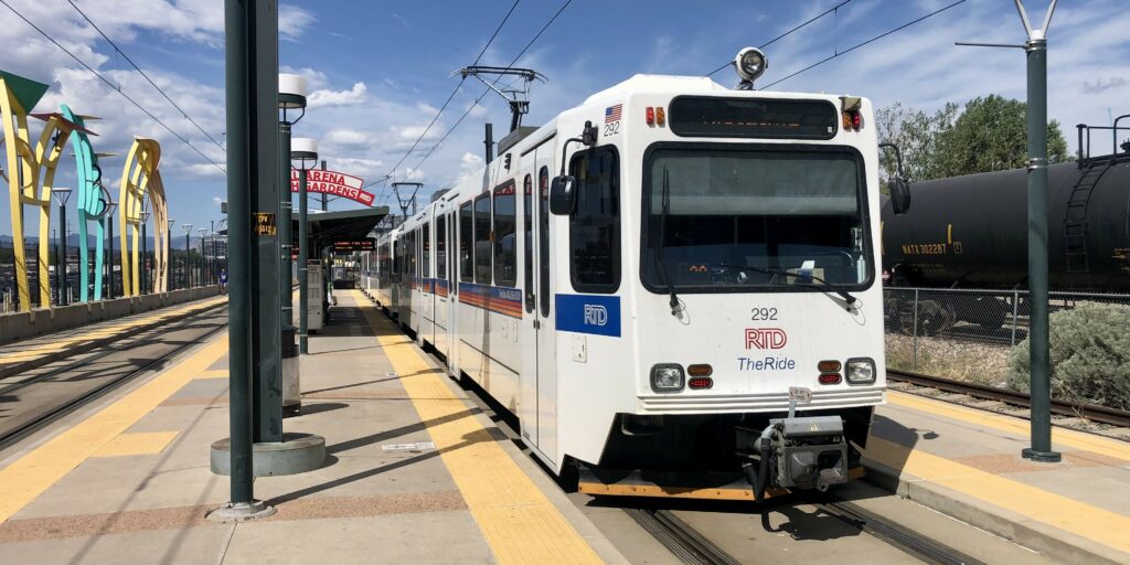 Light rail train at Ball Arena Station.
