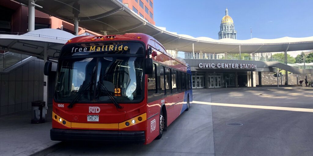 16th Street FreeRide (formerly Free MallRide) bus at Civic Center Station, Downtown Denver.